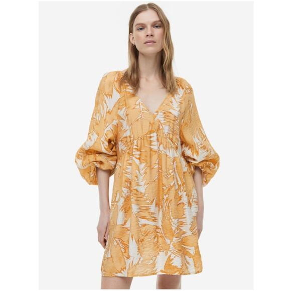 H&M Dress A-Line Balloon Sleeve V-Neck Cream Yellow Women Small - Picture 1 of 9